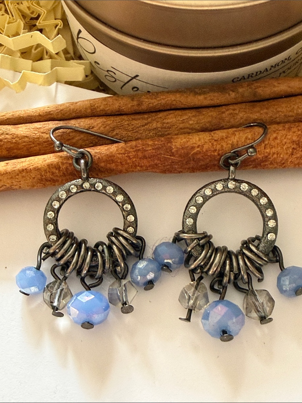 Rhinestone Circle Dangle Earrings with Light Blue Beads
